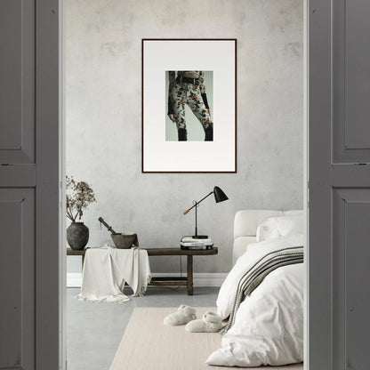 Minimalist bedroom featuring garden couture framed wall art of patterned pants