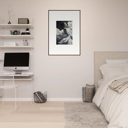 Minimalist bedroom featuring framed wall art that enhances the dreams blossom theme