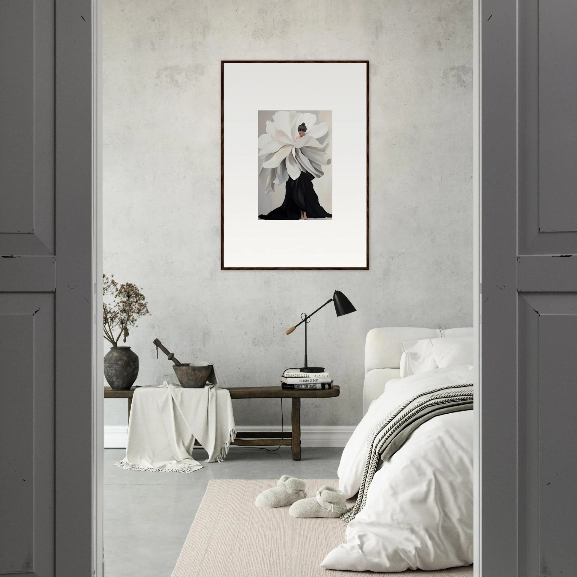 Minimalist bedroom showcasing framed wall art with a focus on Petal Epoch Ascends