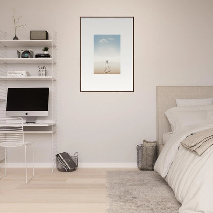 Minimalist bedroom featuring white walls and entwined nostalgia framed wall art