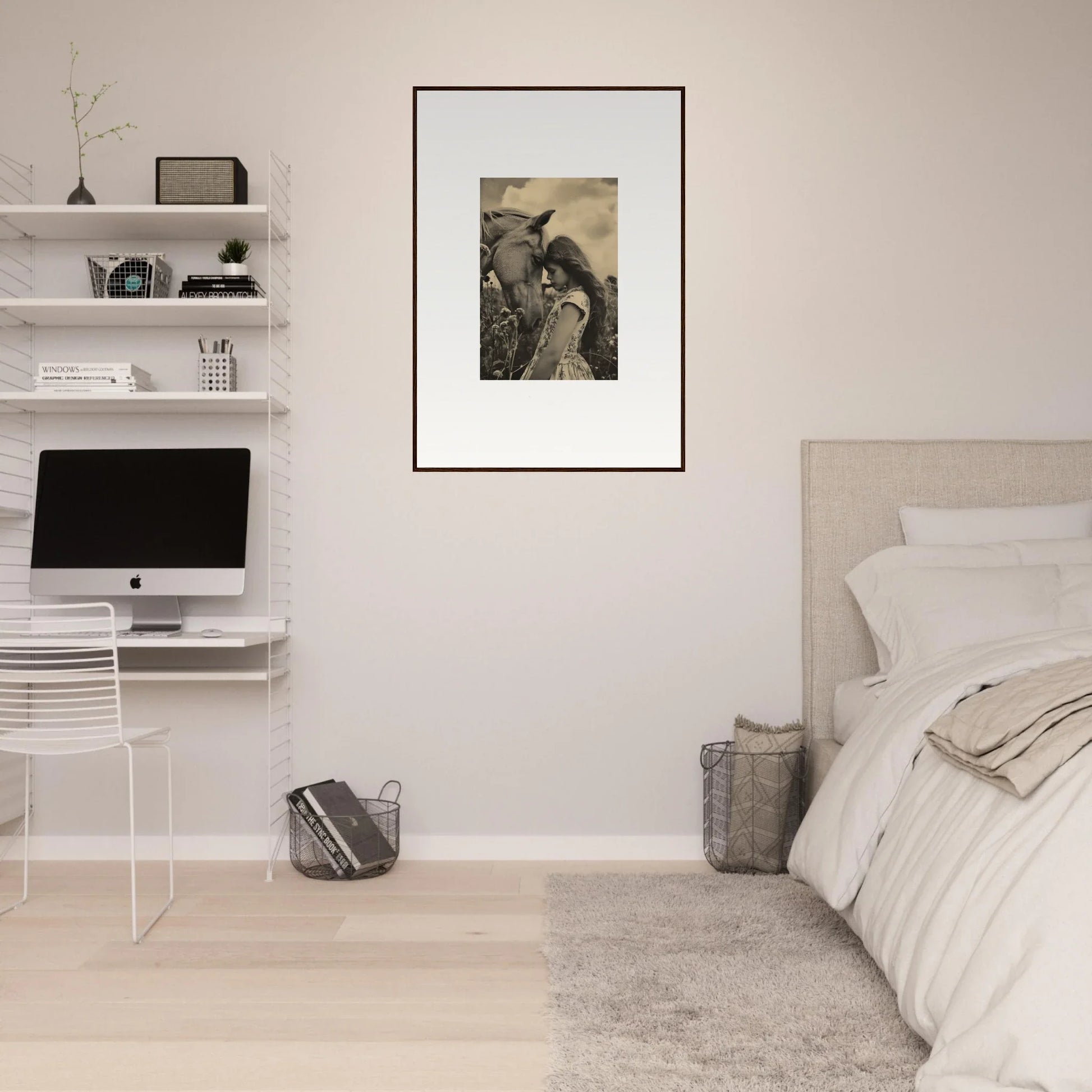 Minimalist bedroom with white walls and framed wall art whisper forever in room decor