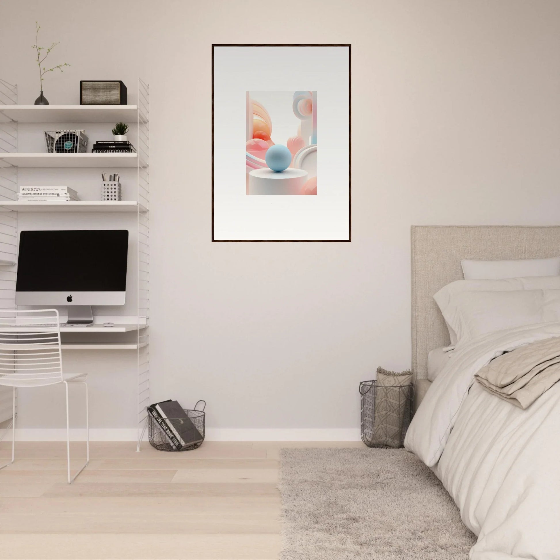 Minimalist bedroom with cosmic timeless decor and framed wall art on floating shelves