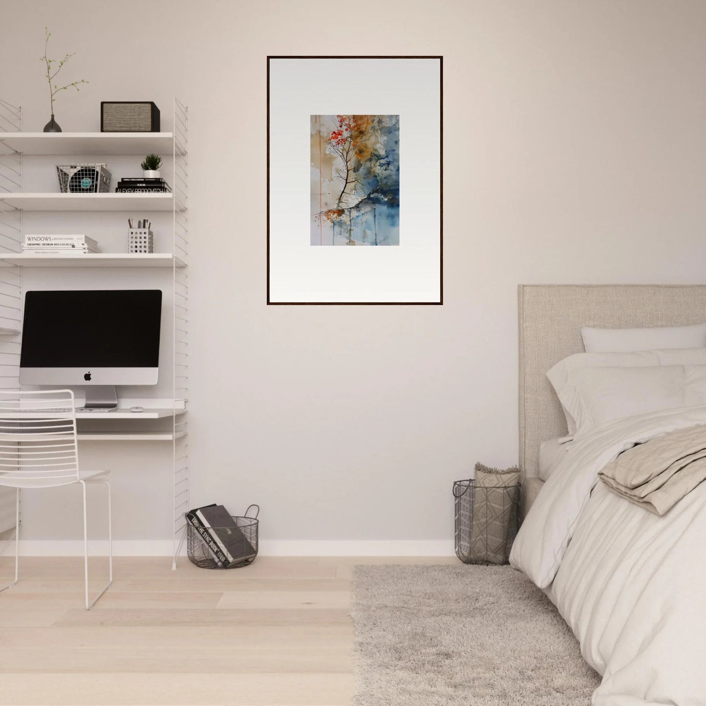 Minimalist bedroom featuring white walls, floating shelves, and framed wall art decor