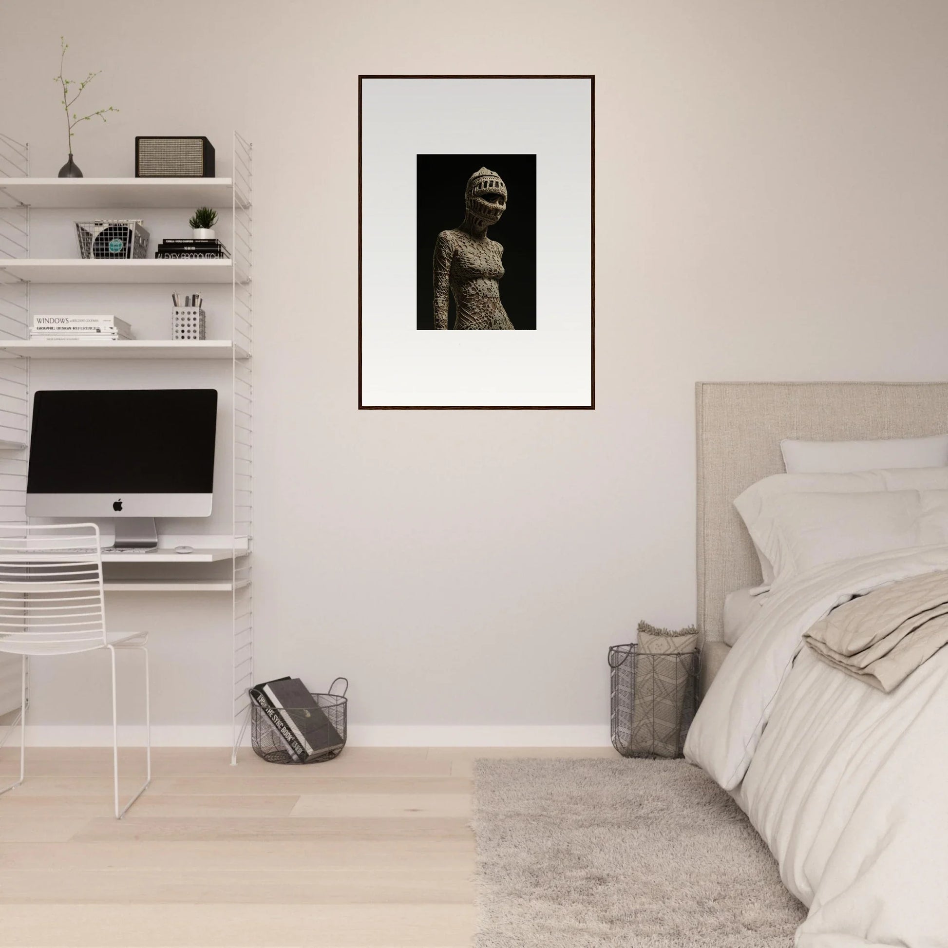 Minimalist bedroom decor featuring white walls, floating shelves, and framed wall art