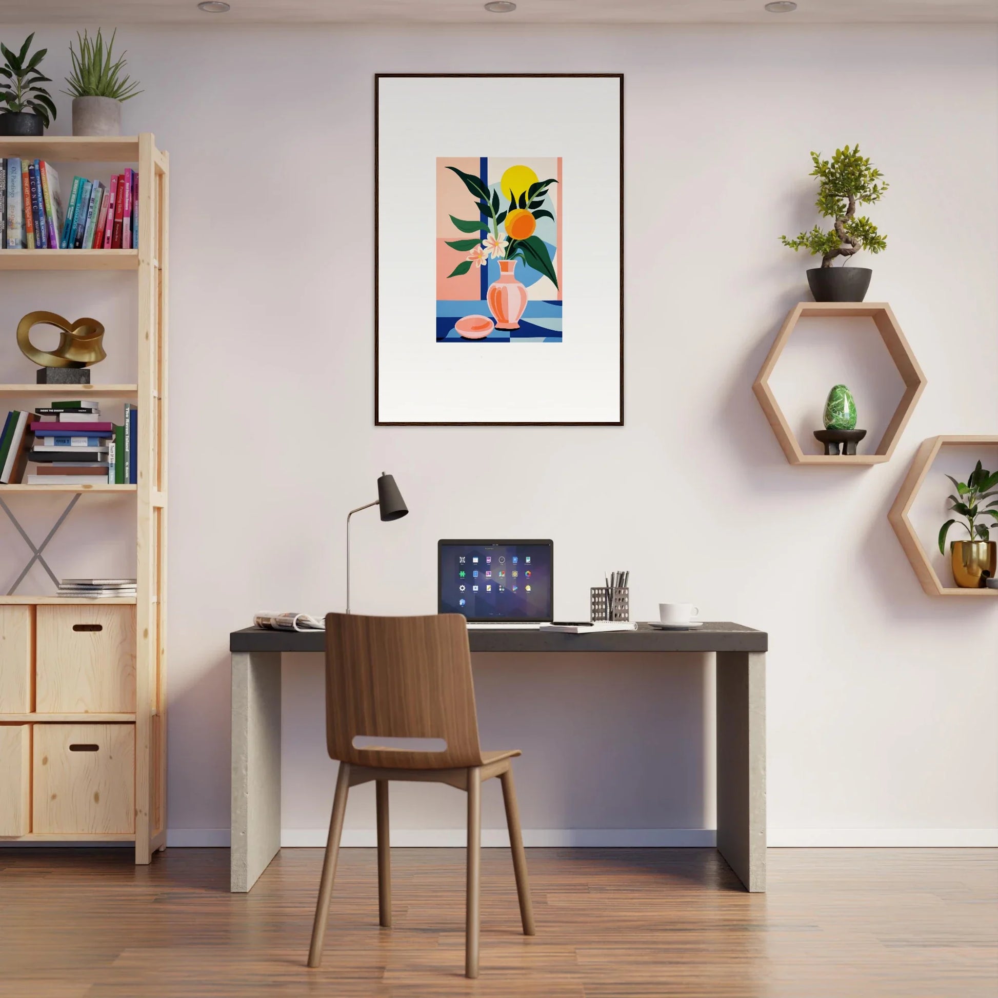 Minimalist home office with stylish desk, chair, framed wall art, and room decor