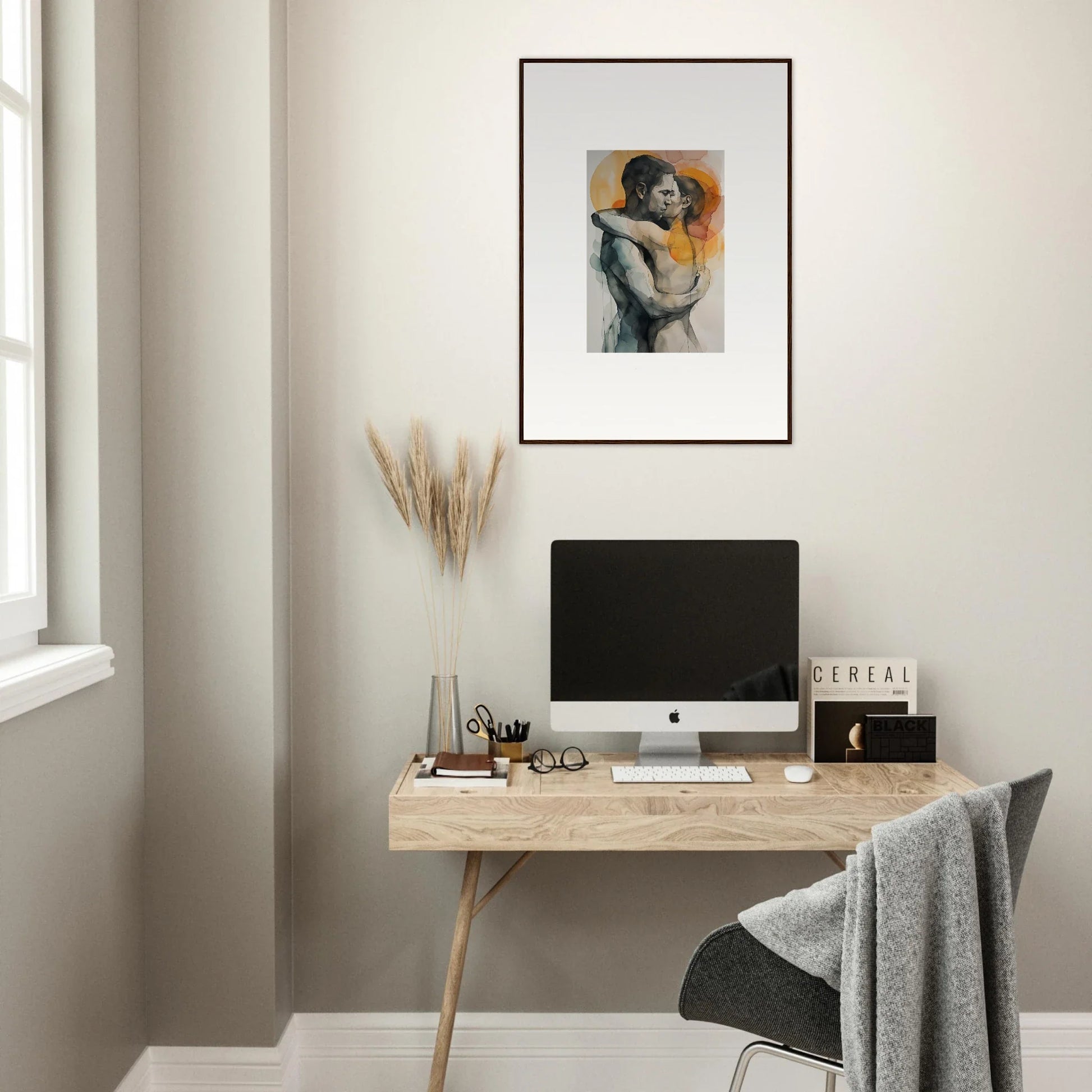 Minimalist home office with wooden desk, computer, and framed wall art morning dichotomy