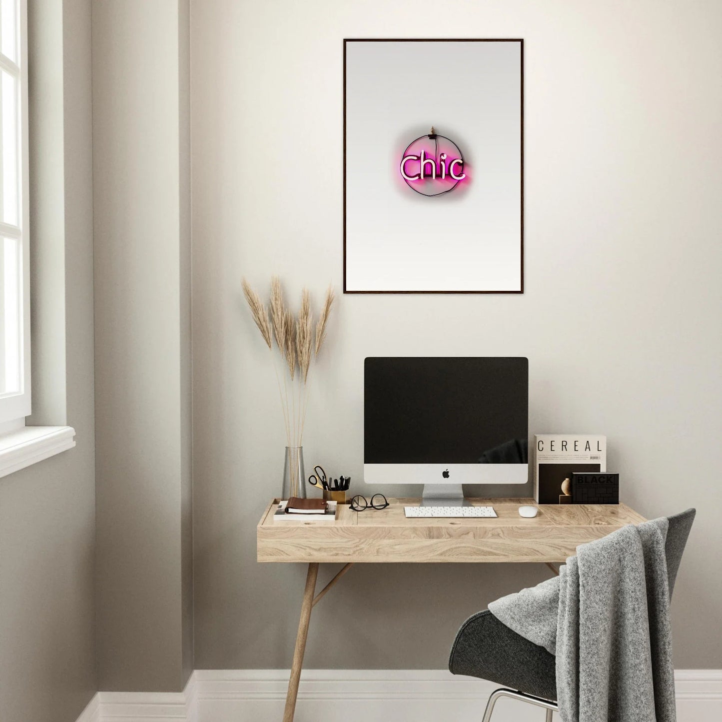 Minimalist home office with wooden desk, computer, and Framed Wall Art for Esprss Plaissant