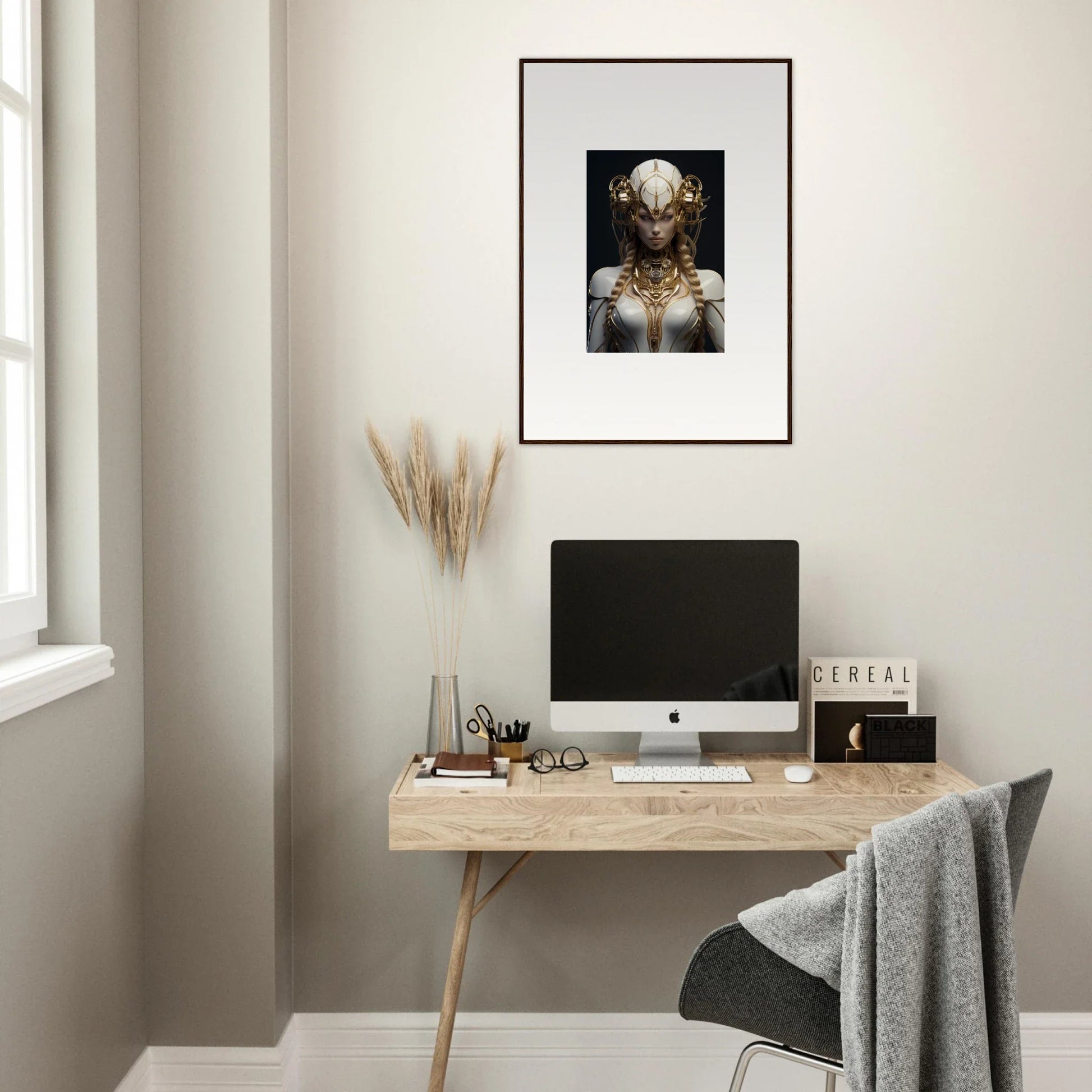 Minimalist home office with wooden desk, computer, and Gilded Cosmos framed wall art