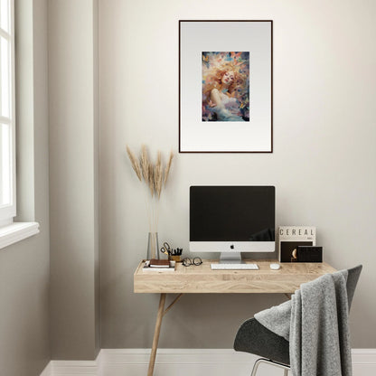 Minimalist home office with wooden desk, computer, and framed wall art for room decor