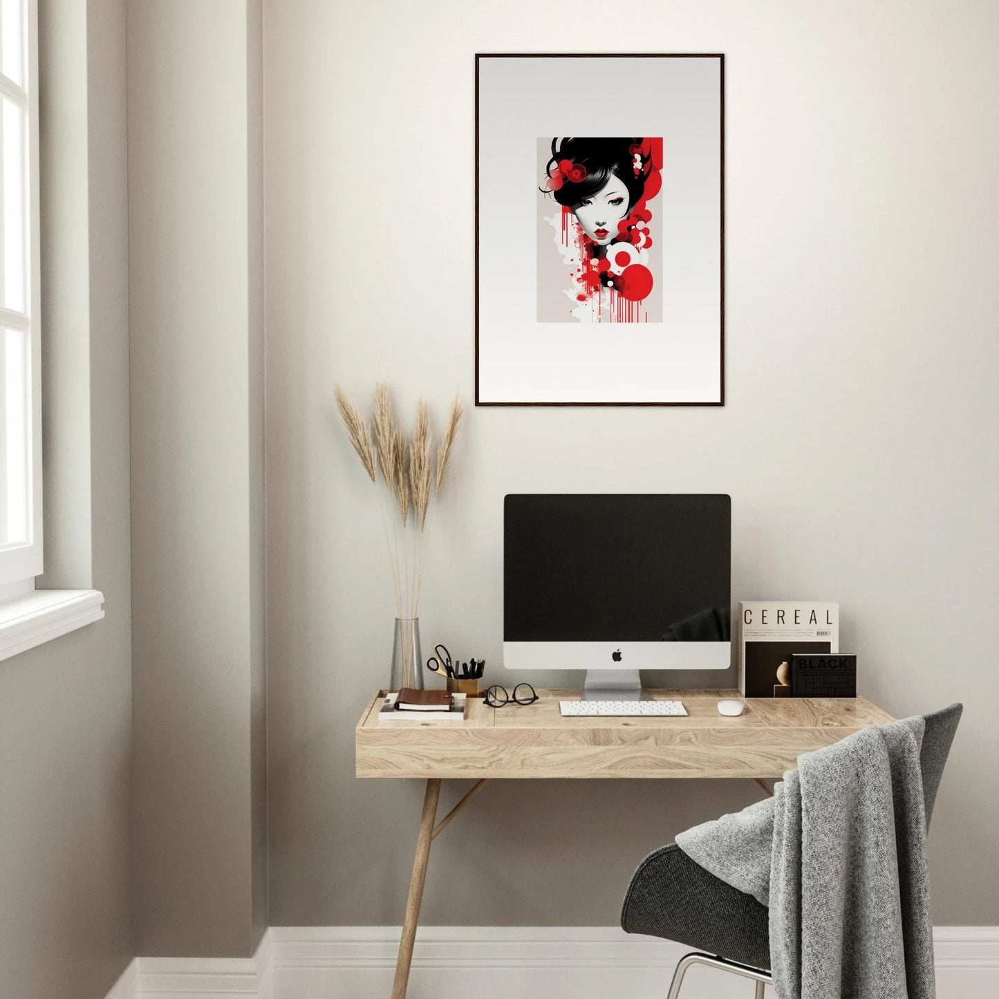 Minimalist home office with wooden desk and Visions Blooming framed wall art