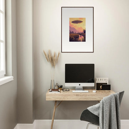 Minimalist home office with wooden desk, computer, and Mindship Landing framed wall art