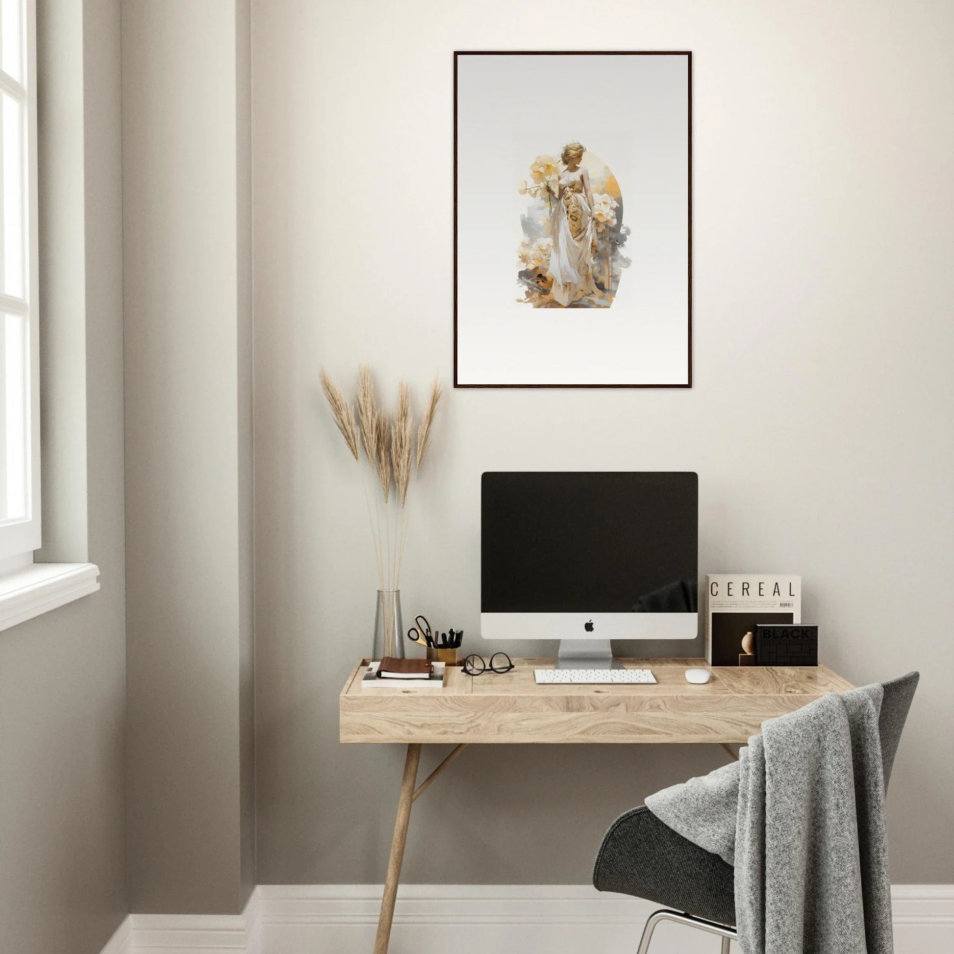 Minimalist home office with wooden desk, computer, and Ethereal Blossom Dream wall art