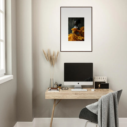 Minimalist home office with wooden desk, computer, and framed wall art sunlit whispers