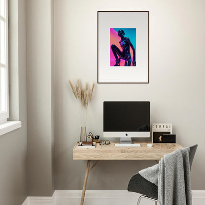 Minimalist home office with wooden desk, computer, and Neon Symphony framed wall art