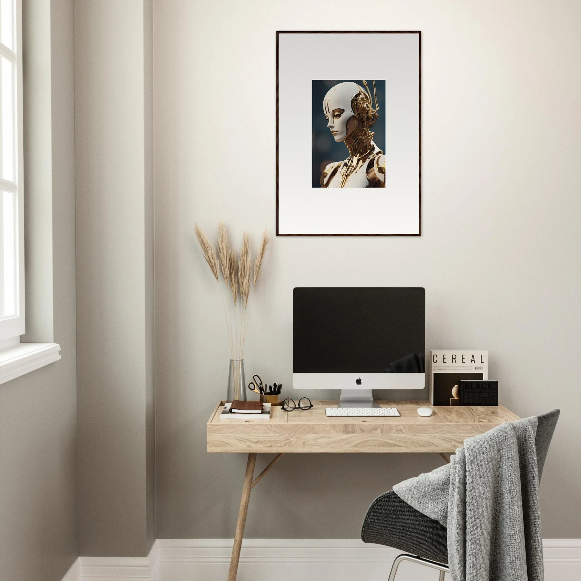 Minimalist home office with wooden desk, computer, and framed wall art for whiskey obedient room decor