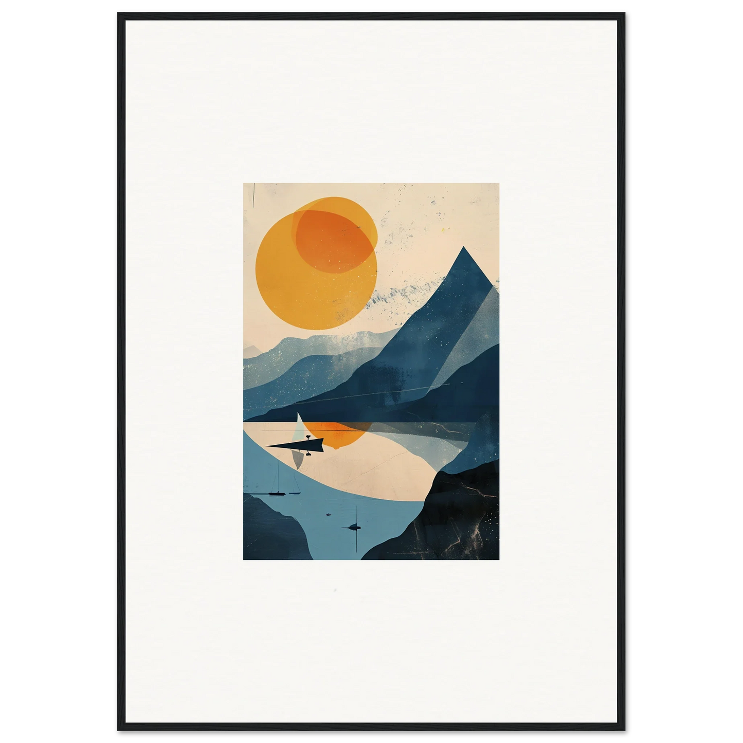 Minimalist landscape artwork of mountains, lake, and sun for stylish room decor