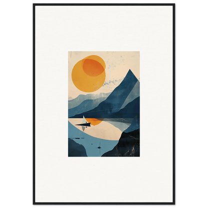 Minimalist landscape artwork of mountains, lake, and sun for stylish room decor