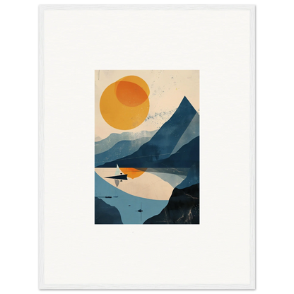 Minimalist landscape illustration of mountains, lake, and sun for room decor or framed wall art