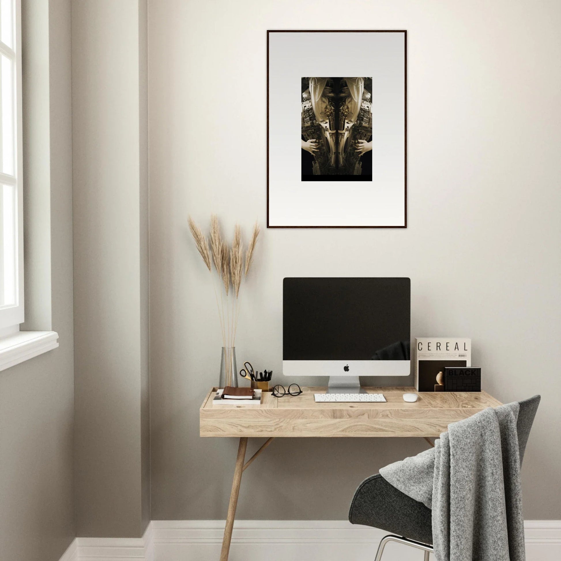 Minimalist wooden desk with computer and decor, perfect for elegance quandary room decor