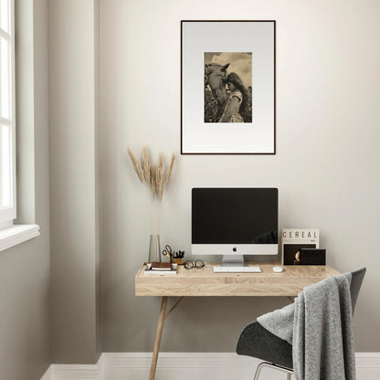 Minimalist wooden desk with computer monitor and decor for room decor and Whisper Forever