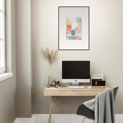 Minimalist wooden desk with computer, cosmic timeless decor, and office accessories