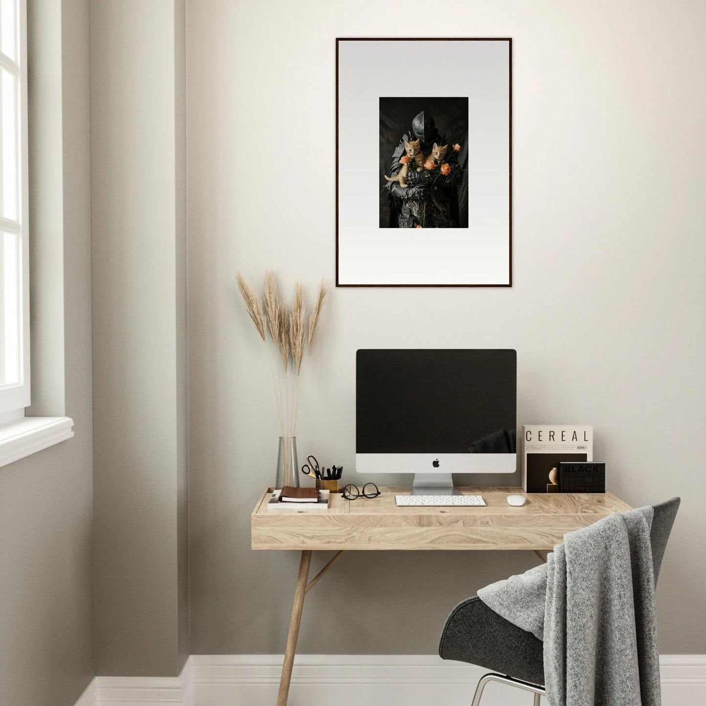 Minimalist wooden desk with computer and decorative accessories for Feline Serenade room decor