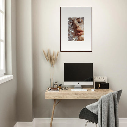 Minimalist wooden desk with computer and decorative accessories for a Whispering Dreamer vibe