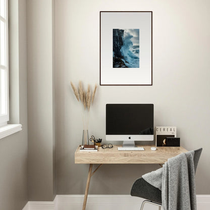 Minimalist wooden desk with computer and decorative room decor, perfect for baptism translation