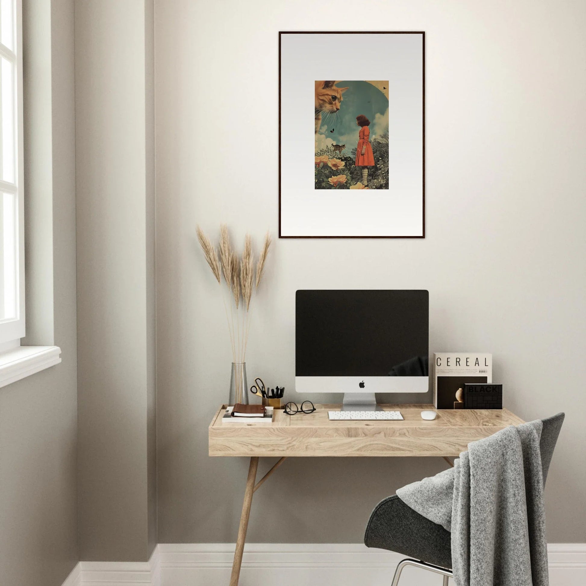 Minimalist wooden desk with computer monitor as stylish room decor for Kern Moment