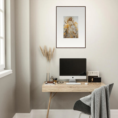 Minimalist wooden desk with a computer monitor and Ethereal Blossom Sway wall art