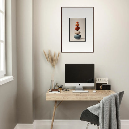 Minimalist workspace featuring wooden desk, computer, and framed wall art for room decor