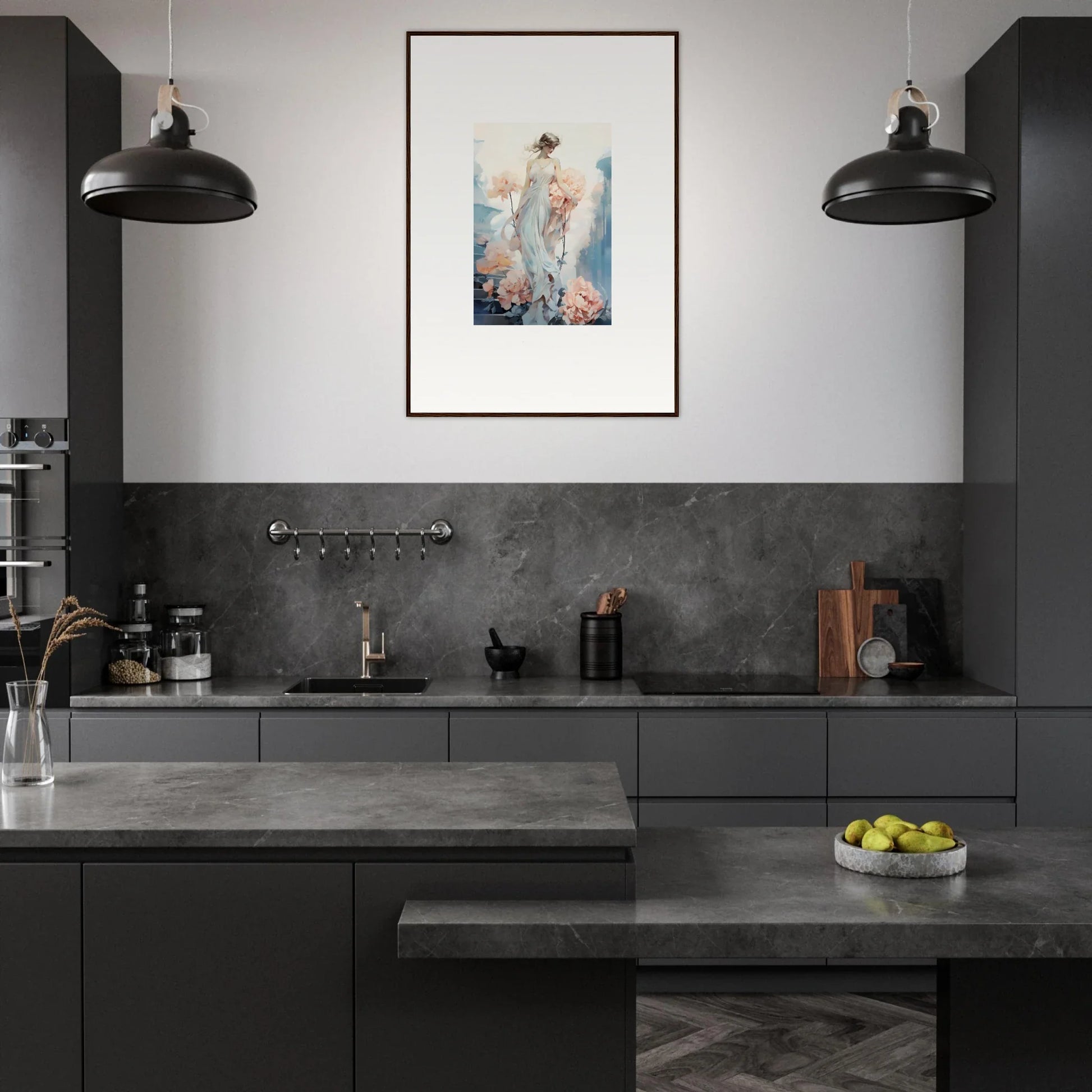 Modern dark kitchen featuring framed wall art, enhancing floral ballet room decor