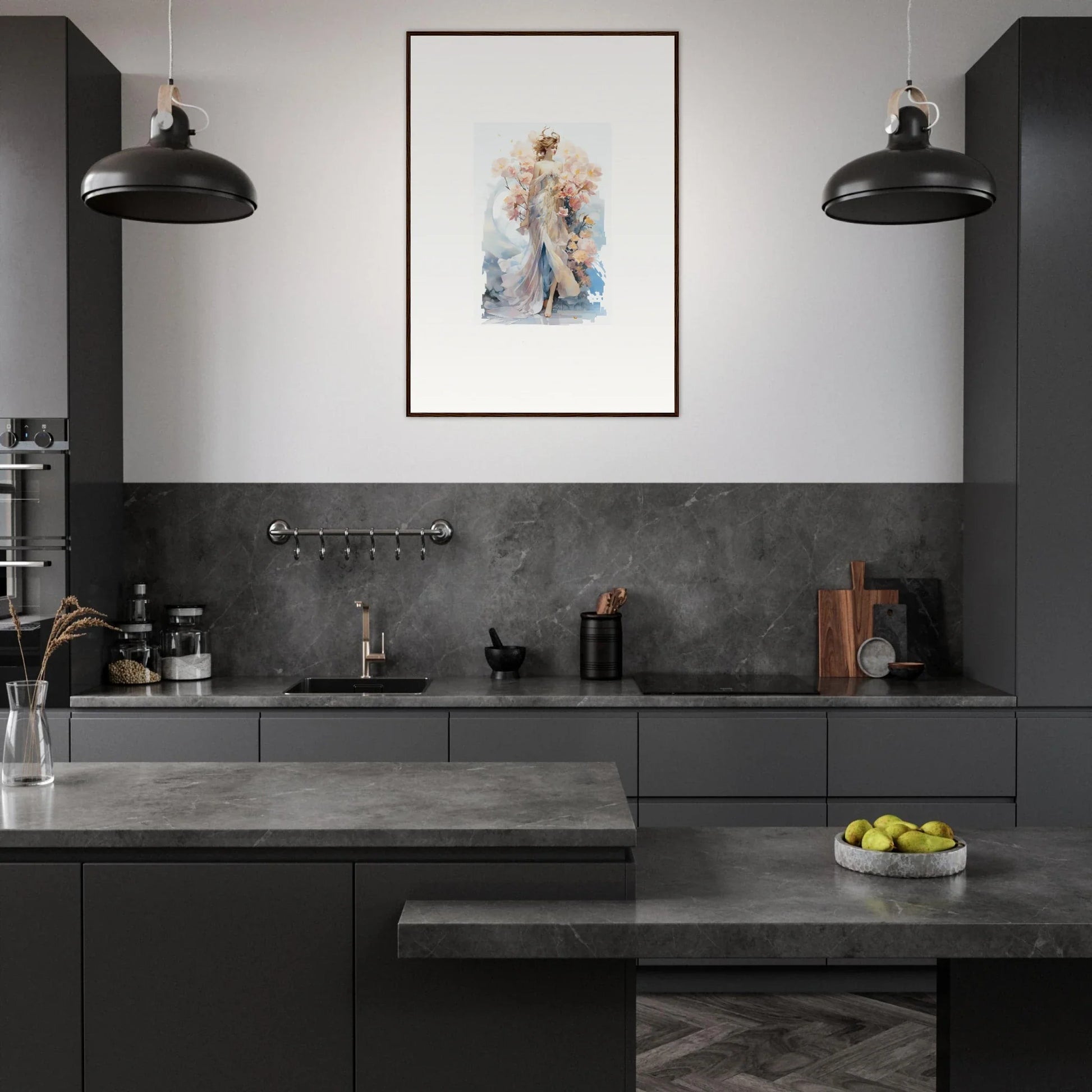 Modern dark gray kitchen with blush mirage framed wall art as focal point