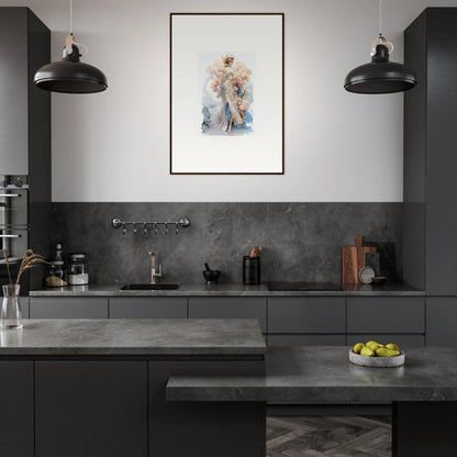 Modern dark gray kitchen with blush mirage framed wall art as focal point