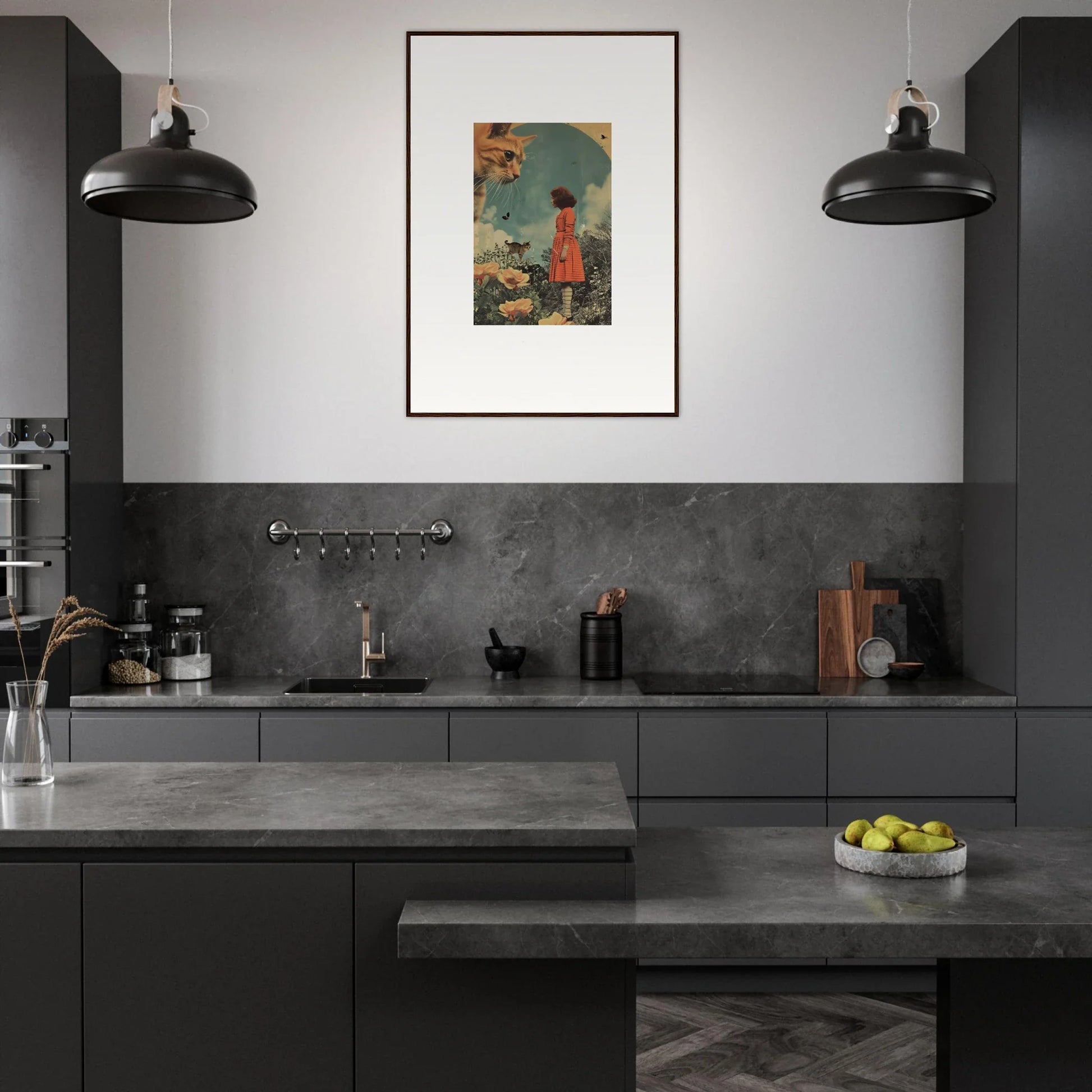 Modern dark gray kitchen featuring colorful framed wall art for stylish room decor