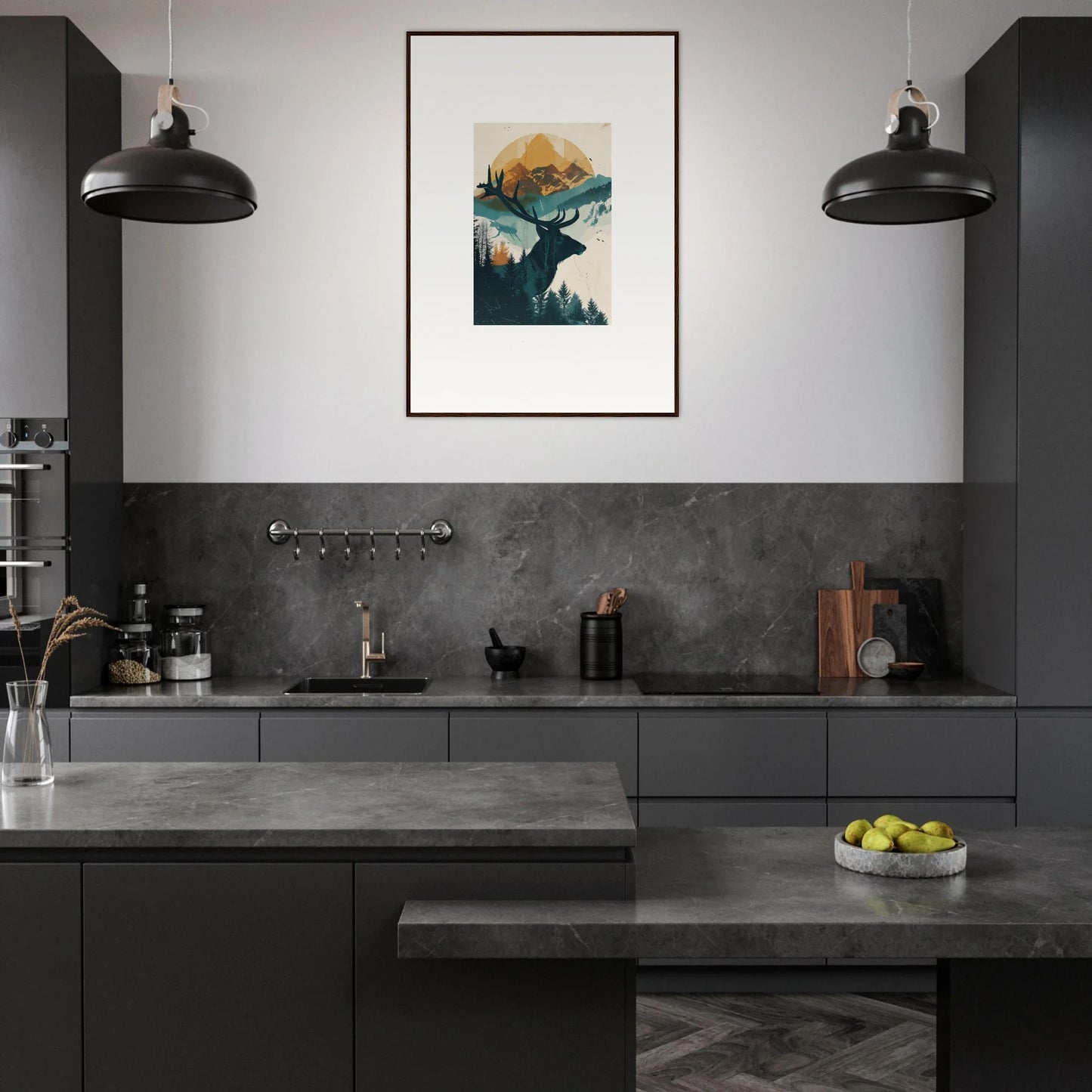 Modern dark gray kitchen featuring colorful framed wall art for reflection solace