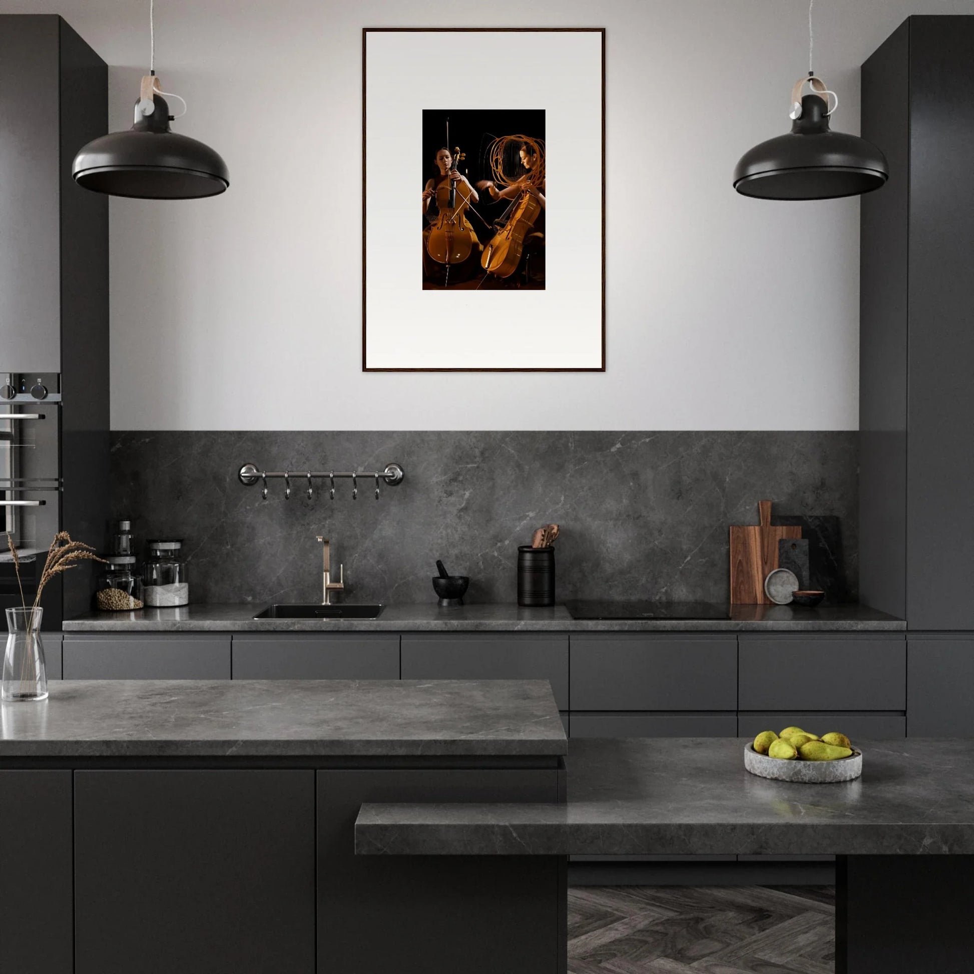 Modern dark gray kitchen featuring framed wall art for stylish room decor