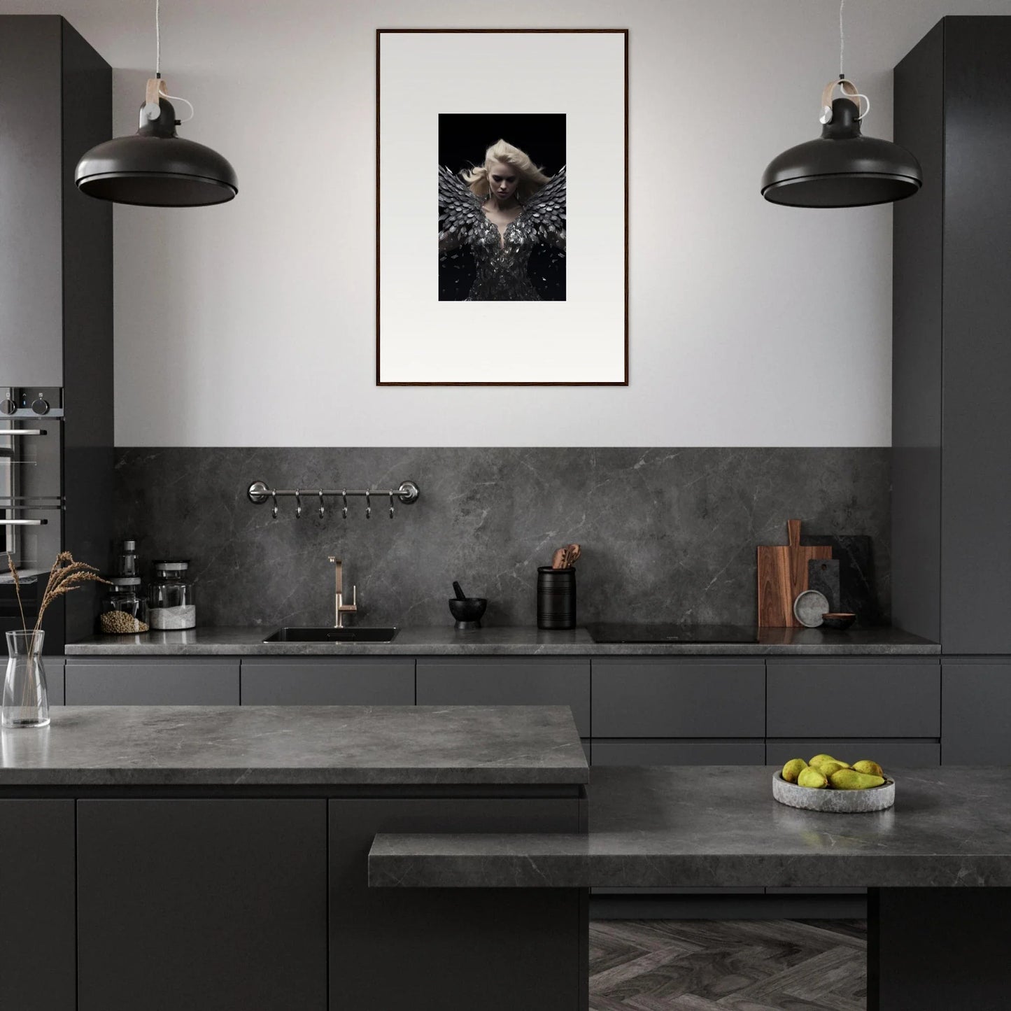 Modern dark-toned kitchen featuring Glimmer Phantom Reverie framed wall art as decor