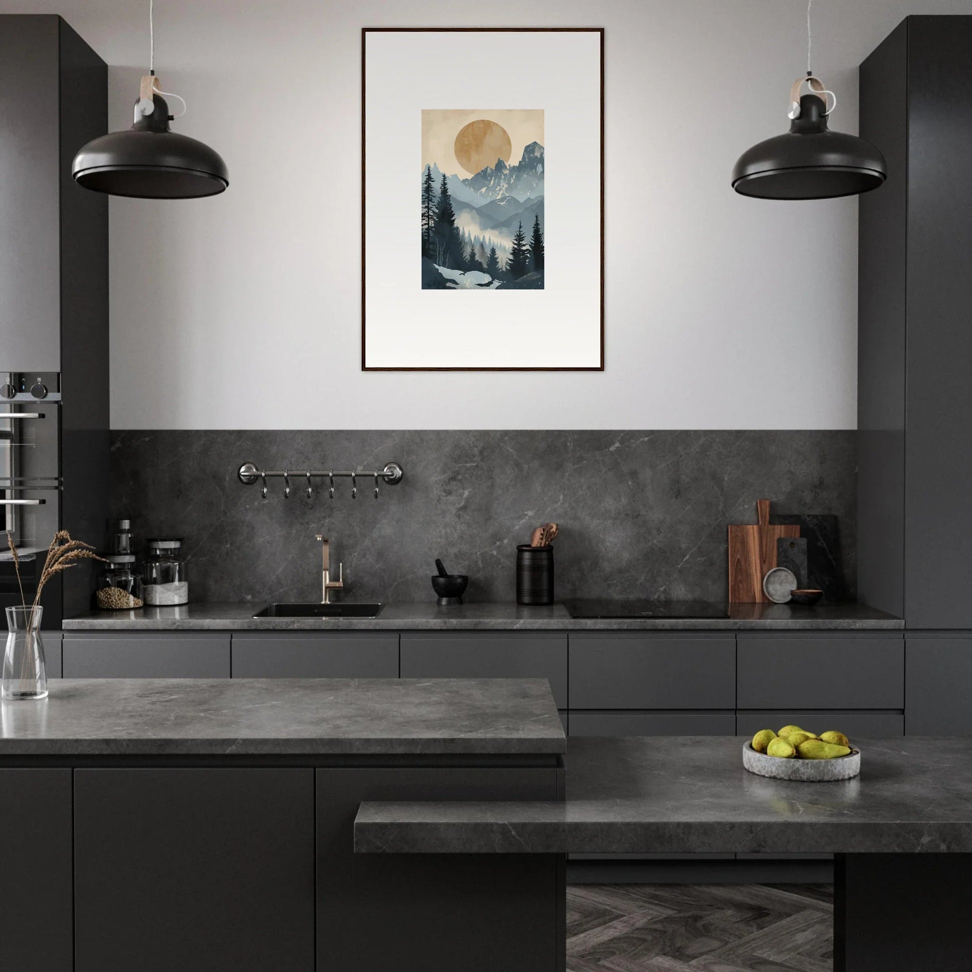 Modern dark-toned kitchen with framed wall art, Ephemeral Alpine Serenade, as focal point