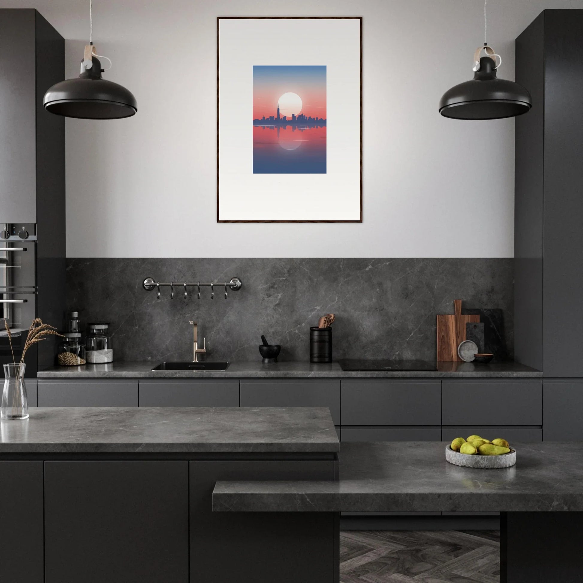 Modern dark kitchen with sleek cabinetry and colorful framed wall art, Dusk Memento