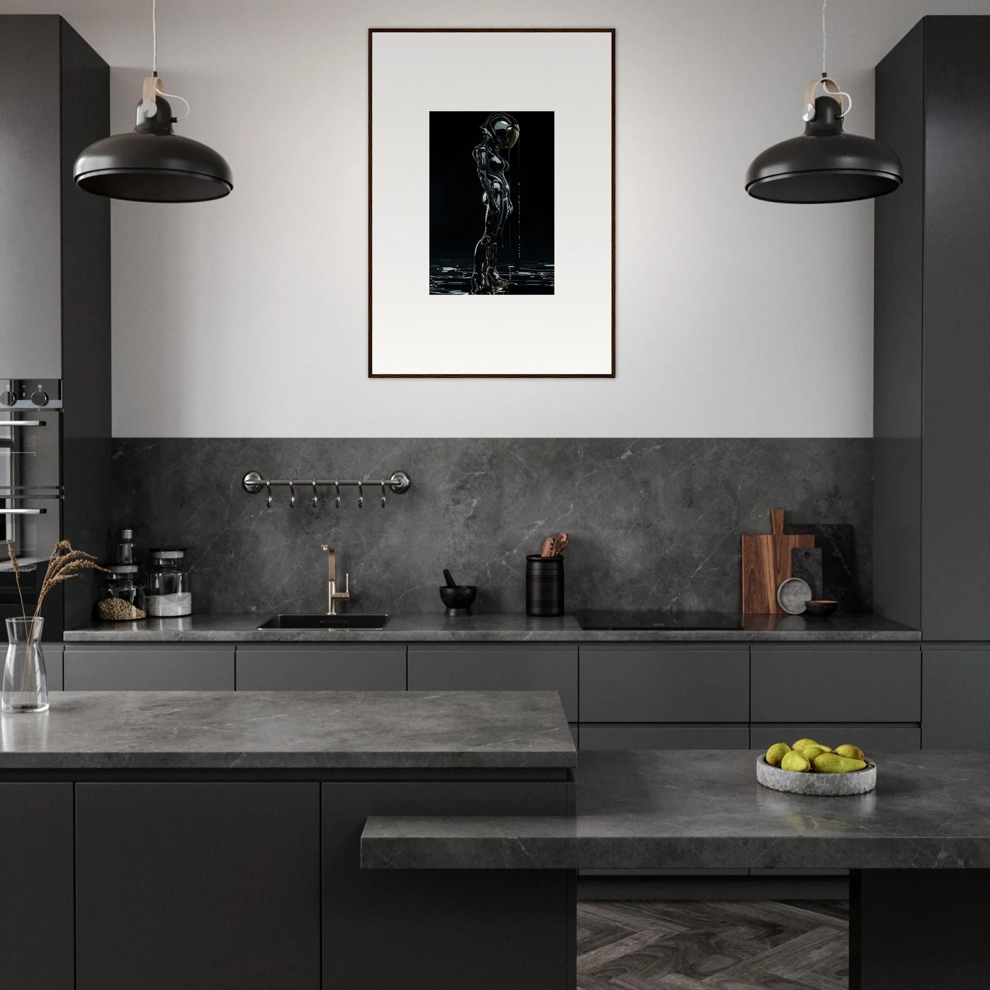 Modern dark-toned kitchen featuring sleek cabinetry and industrial-style pendant lights for room decor