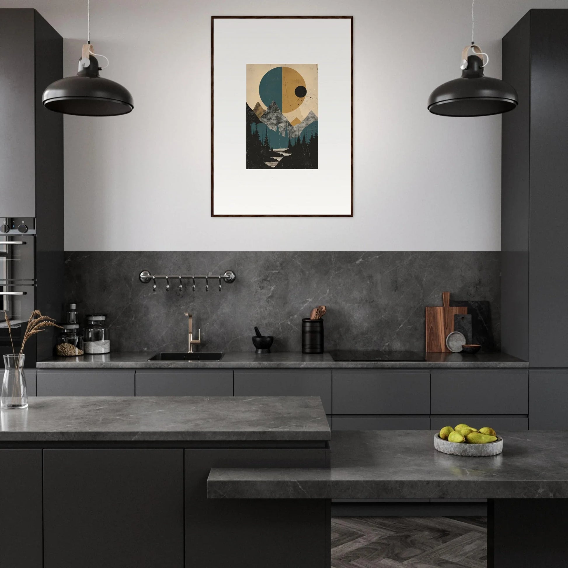 Modern dark-toned kitchen with sleek countertops, perfect for Eclipse Oasis room decor