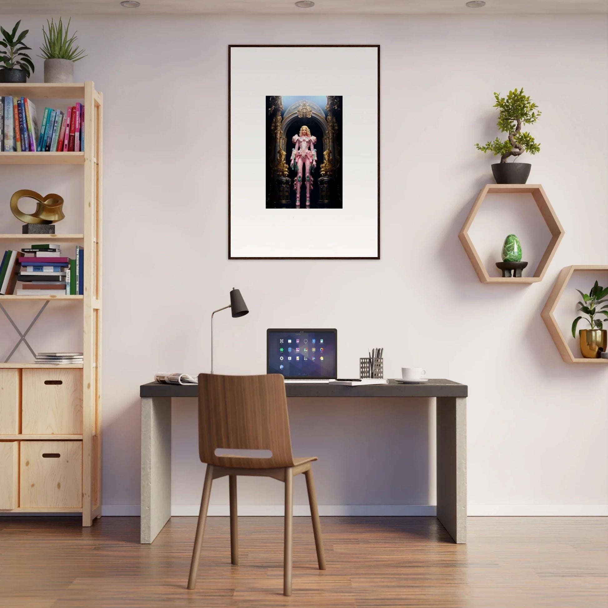 Modern home office with desk, chair, and Framed Wall Art for Pastry Vanguard room decor