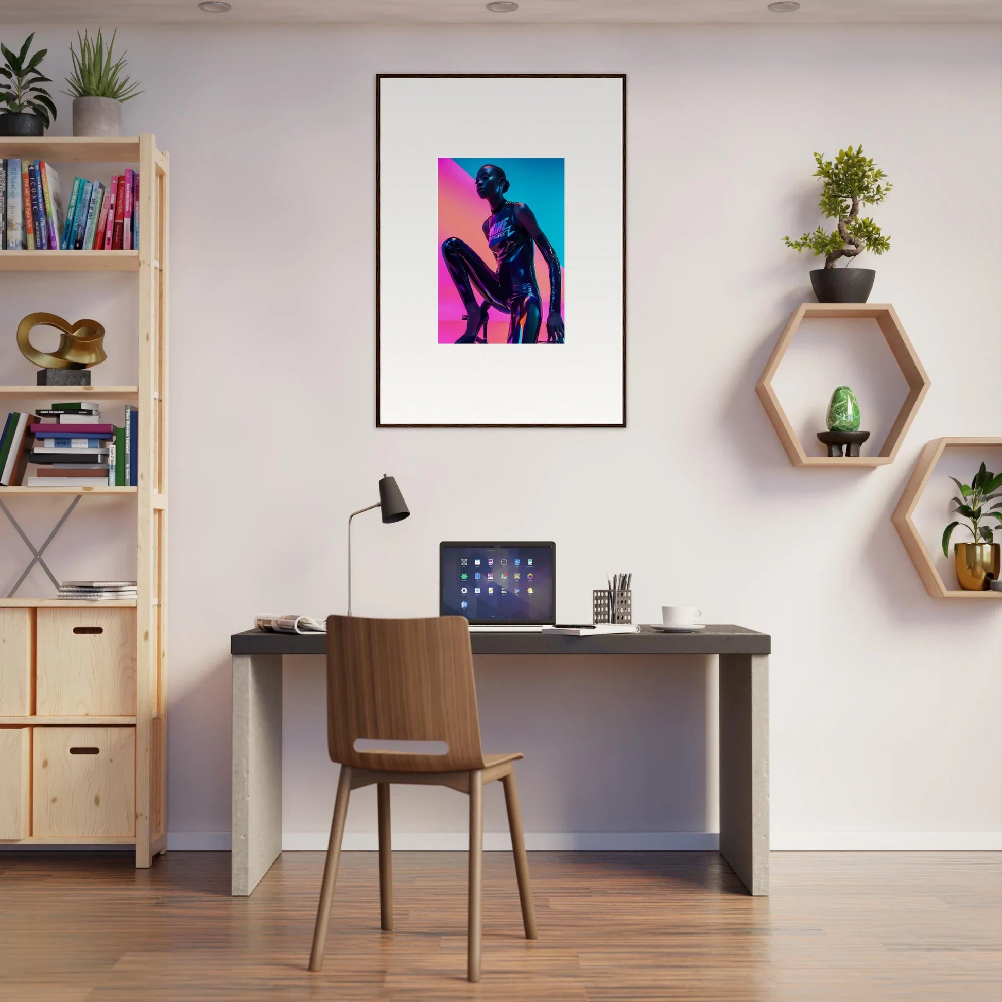 Modern home office workspace featuring Neon Symphony framed wall art and stylish decor