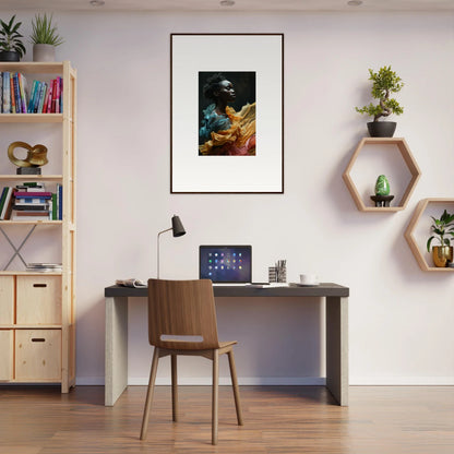 Modern home office workspace with a desk, chair, and decorative wall elements.