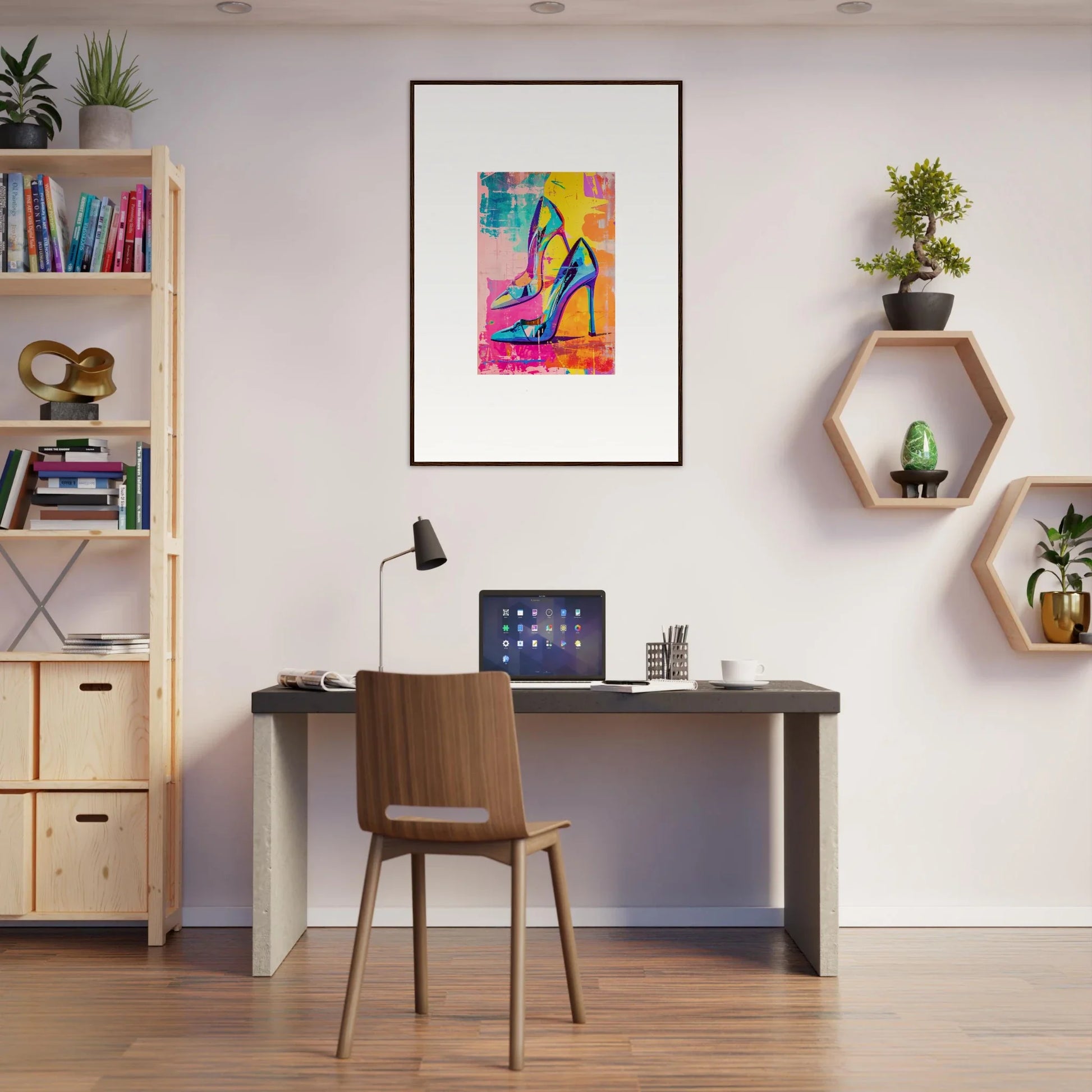 Modern home office with desk and chair, featuring stylish room decor and framed wall art