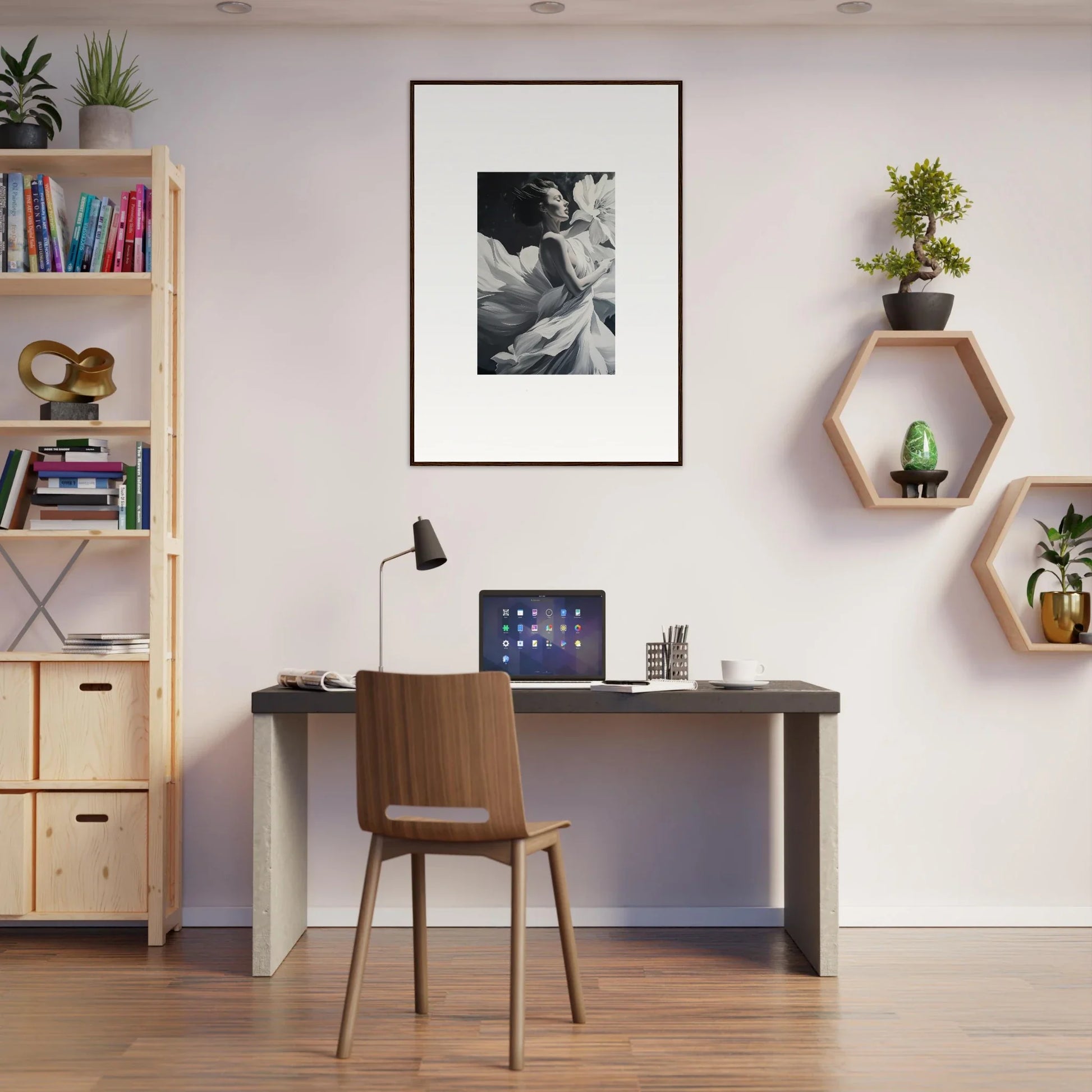 Modern home office workspace featuring desk, chair, and Dreams Blossom wall decor