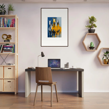 Modern home office workspace featuring Eleven Sunrise framed wall art and stylish decor