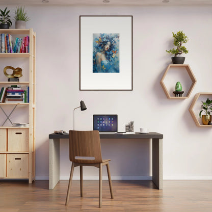 Modern home office with desk, chair, framed wall art, and stylish room decor