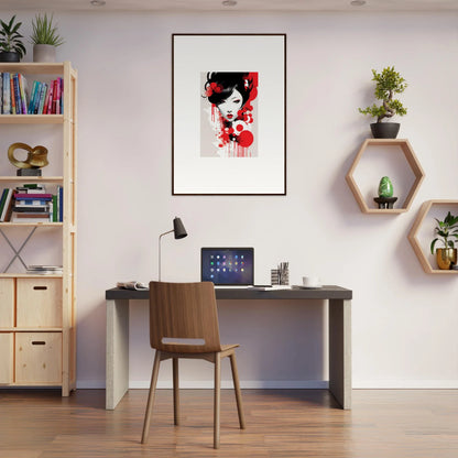 Modern home office workspace featuring Visions Blooming framed wall art and stylish decor